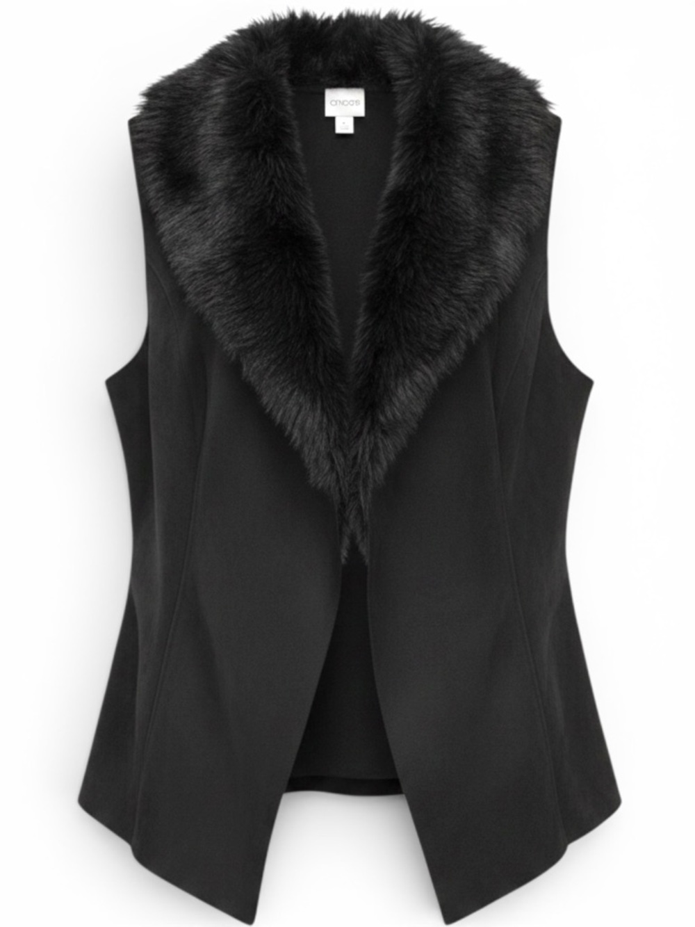 Chico’s Faux Fur & Suede Open Front Relaxed Drape Black Vest Size 0 (Size 4/Sm)